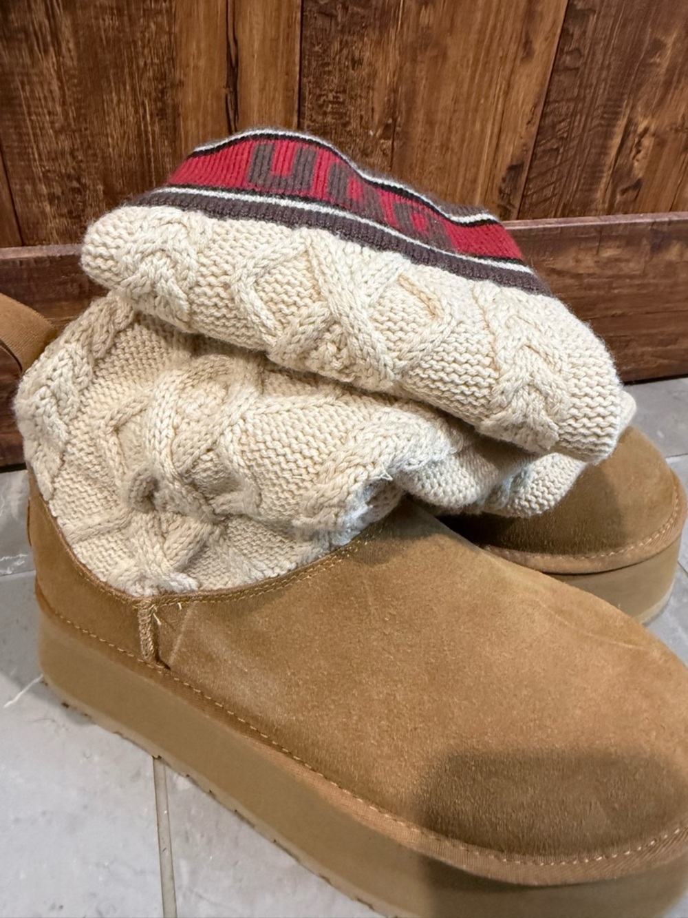 UGG Chestnut and Cream Knit Cuff Winter Boots